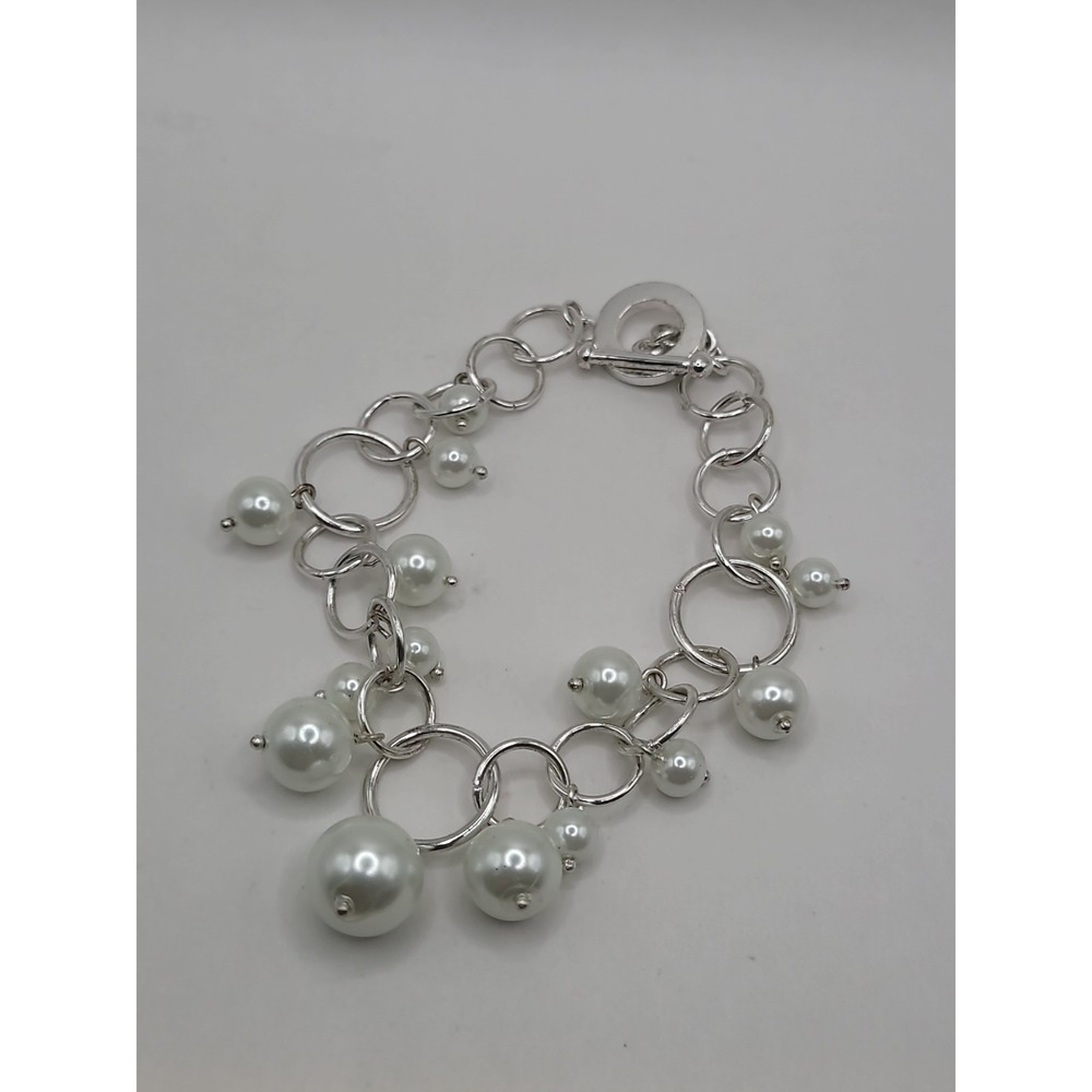 Silver Tone White Beaded Dangle Charm Bracelet Chunky Link Toggle Clasp